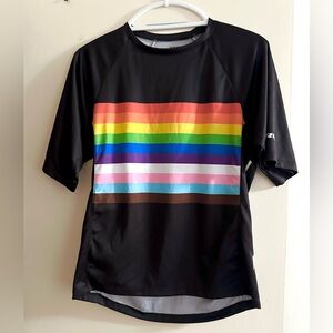 TREK Cycling Men’s Tech Tee Pride Shirt- black w/ rainbow stripe size small NWOT